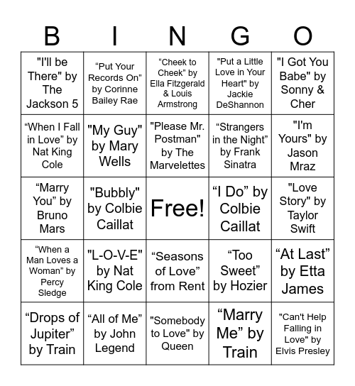 Love Songs Bingo Card