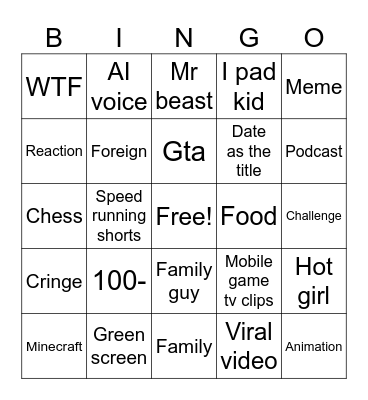 YT shorts Bingo Card