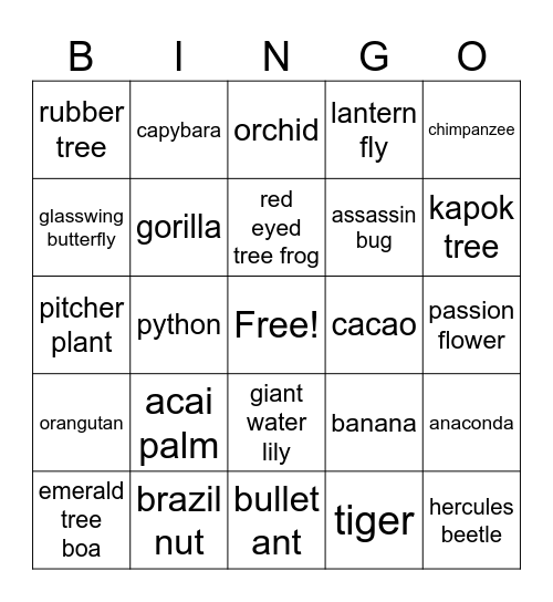 Ecology Bingo Card