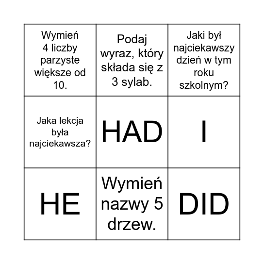 QUESTION WORDS Bingo Card