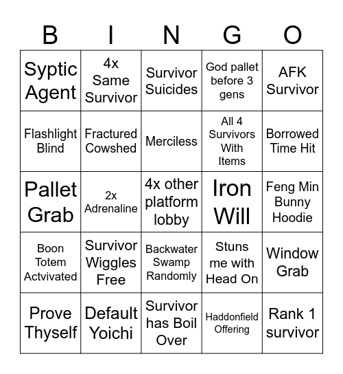 Xzult Killer Bingo Card