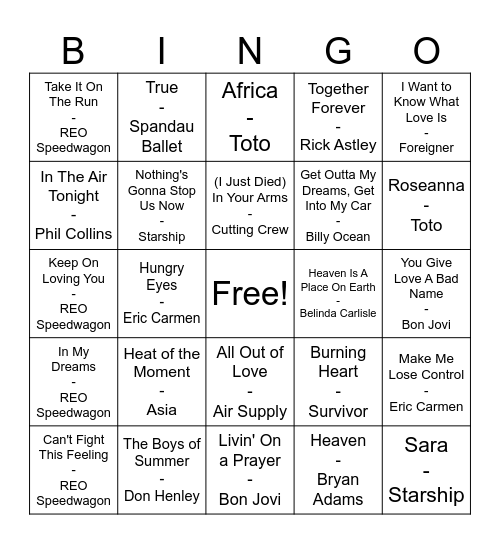 80's Power Ballads Bingo Card