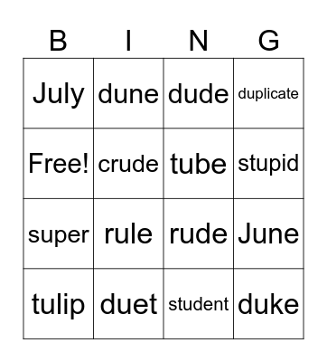 Margaret's long u words Bingo Card