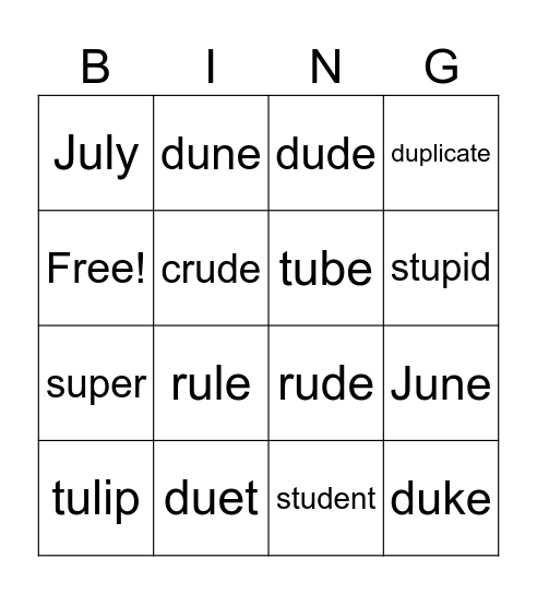 Margaret's long u words Bingo Card