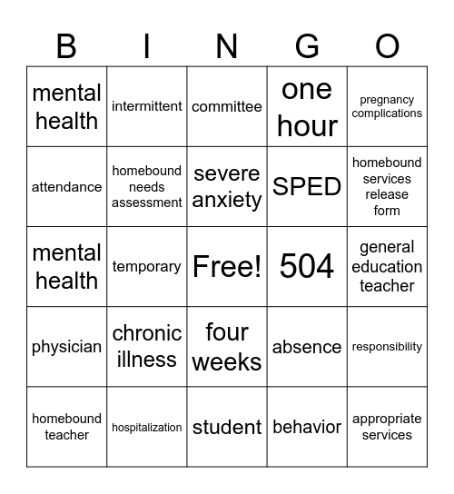 Homebound Services Bingo Card