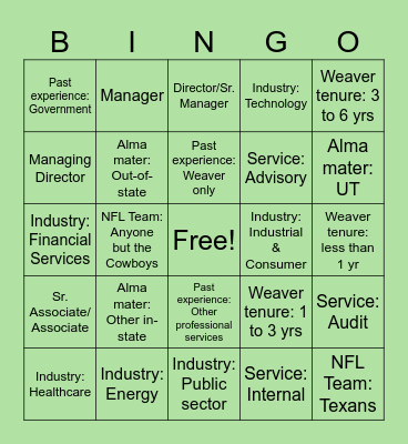 Weaver Bingo Card