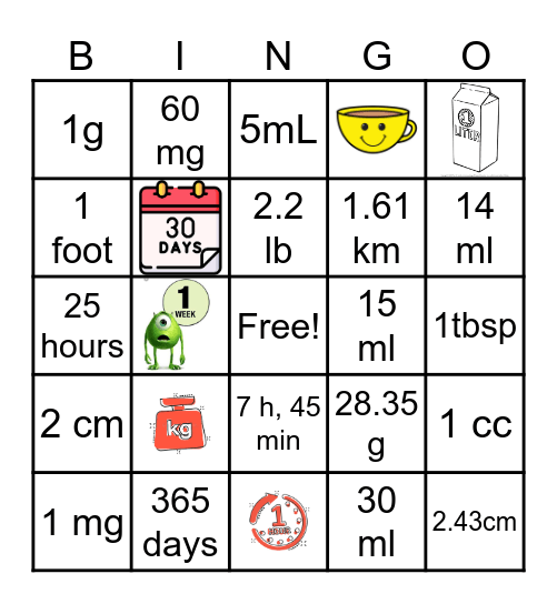 STANDARD CONVERSION FACTORS Bingo Card