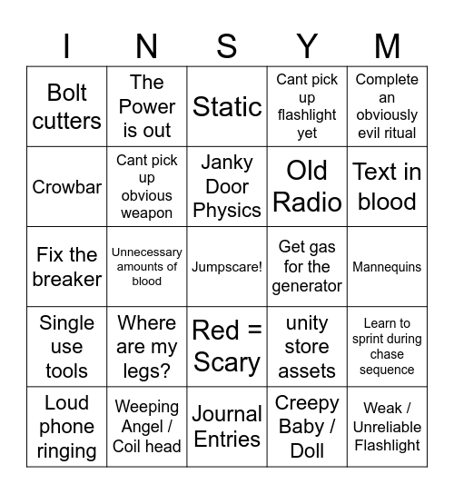 Indie Horror Game Bingo Card