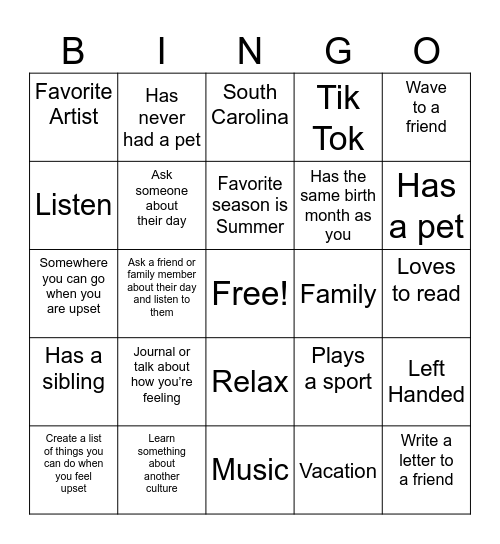 Berea Middle Bingo Card