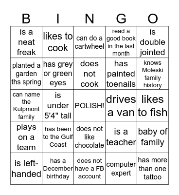 Moleski Reunion  Bingo Card