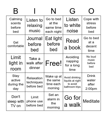 Sleep Habit Bingo Card