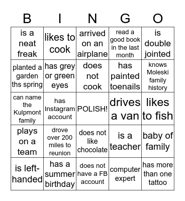 Moleski Reunion  Bingo Card