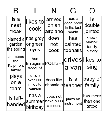 Moleski Reunion  Bingo Card