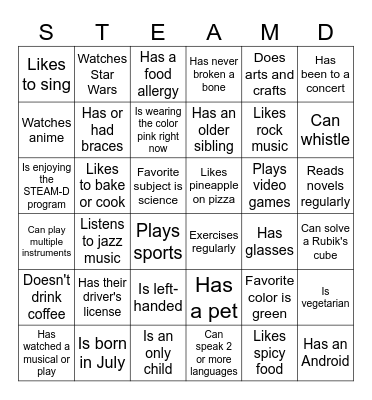 STEAM-D Bingo Card