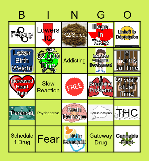 Marijuana Prevention Bingo Card