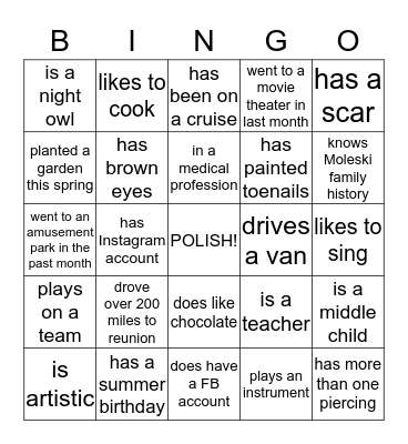 Moleski Reunion  Bingo Card