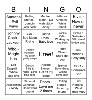 60s songs - Game 3 Bingo Card