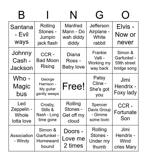 60s songs - Game 3 Bingo Card