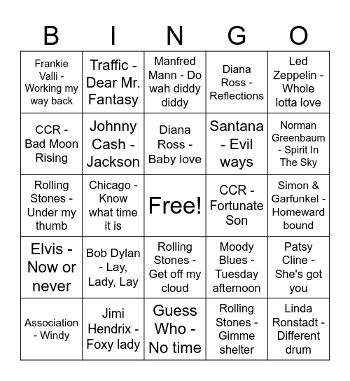 60's music - Game 3 Bingo Card