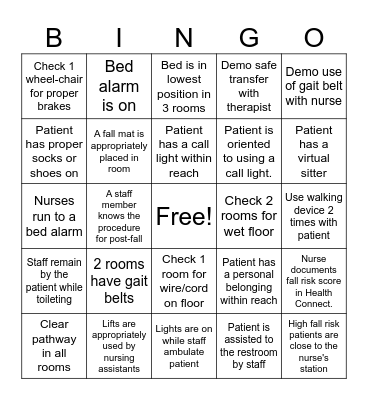Fall Prevention Bingo Card
