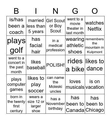 Moleski Reunion  Bingo Card