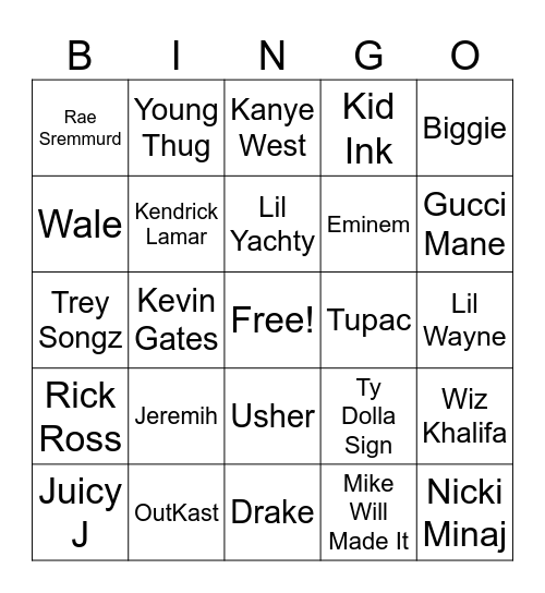 Most Nostalgic Rapper Bingo Card