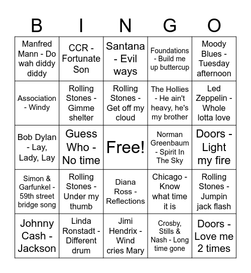 60's songs - Game 3 Bingo Card