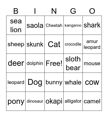 Family bingo night/Animals Bingo Card