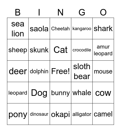 Family bingo night/Animals Bingo Card