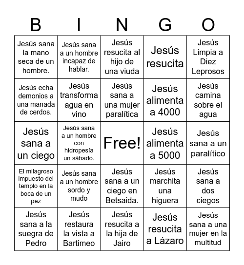 Los milagros de Jesús Bingo Card