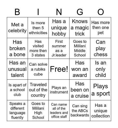 Summer Bingo Card