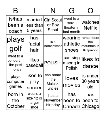 Moleski Reunion  Bingo Card