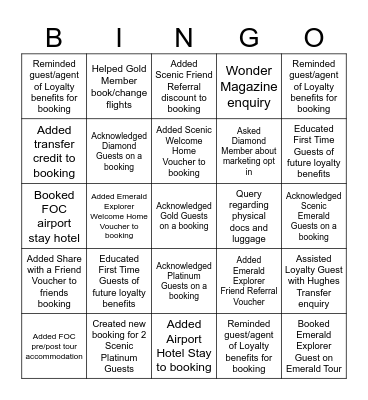 Scenic Group Loyalty Bingo Card