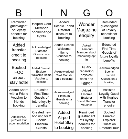 Scenic Group Loyalty Bingo Card