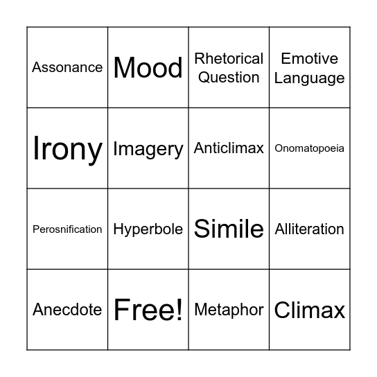 War Literature Language Techniques BINGO Card