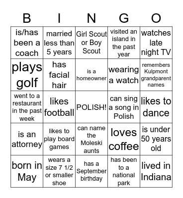 Moleski Reunion  Bingo Card