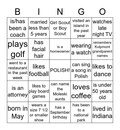 Moleski Reunion  Bingo Card