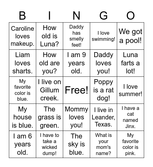Simple Sentence Bingo Card