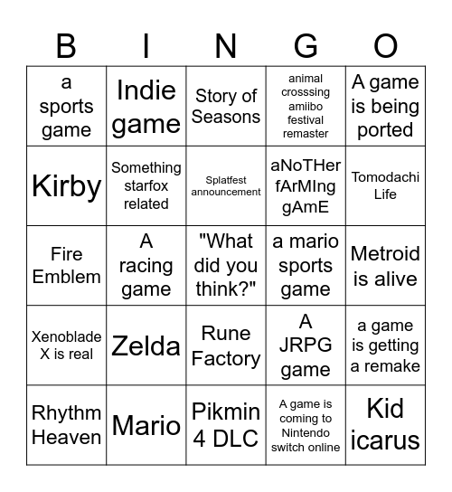 Nintendo direct bingo Card