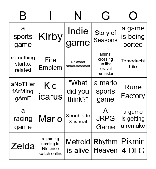 Nintendo Bingo for direct Bingo Card