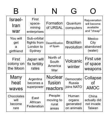 World 2050 bingo (this was made in 2024) Bingo Card