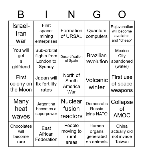 World 2050 bingo (this was made in 2024) Bingo Card