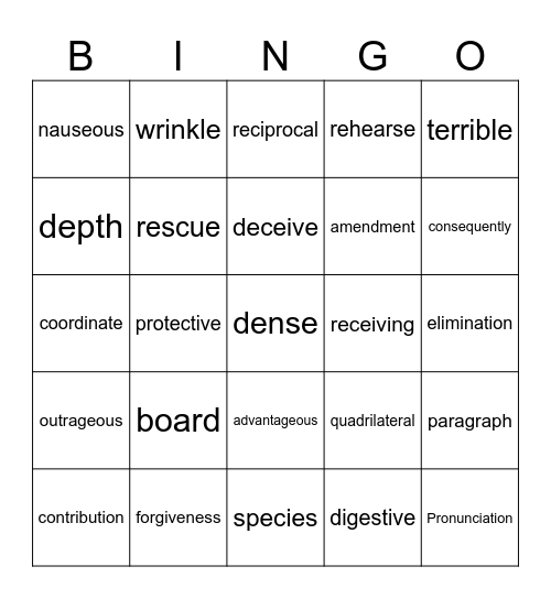 Senior Spelling Bee Bingo Card