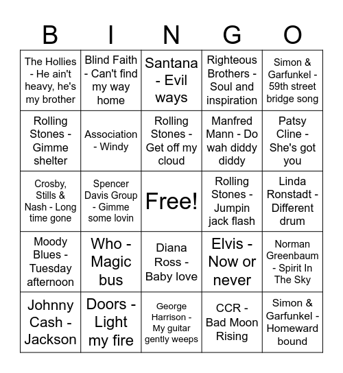 60s music - Game 3 Bingo Card