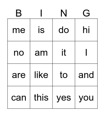 Sight Words Bingo Card