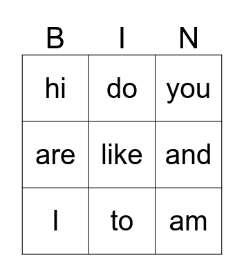 Sight Words Bingo Card