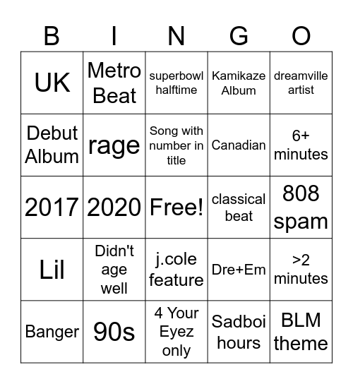 Rap Bingo Card