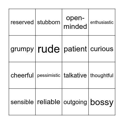 Personality Adjectives Bingo Card