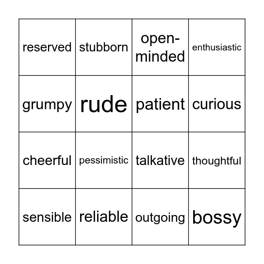Personality Adjectives Bingo Card