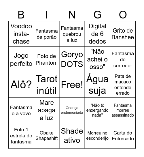 Phasmophobia Bingo Card